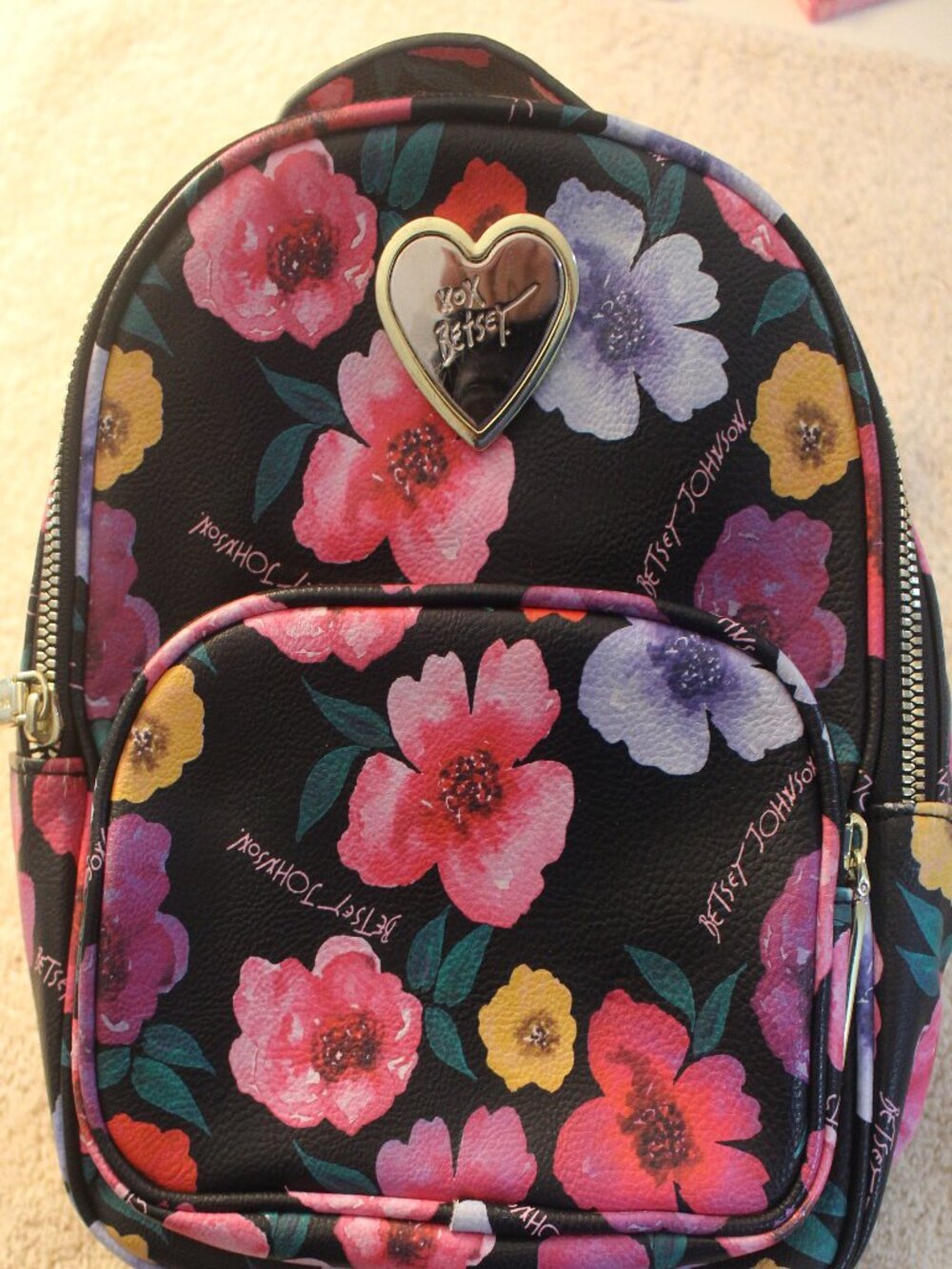 Betsey Johnson Black Floral Crossbody Bag with Heart Detail